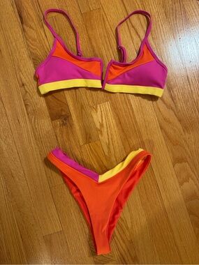 Color Block Pink Orange Yellow Bikini Set